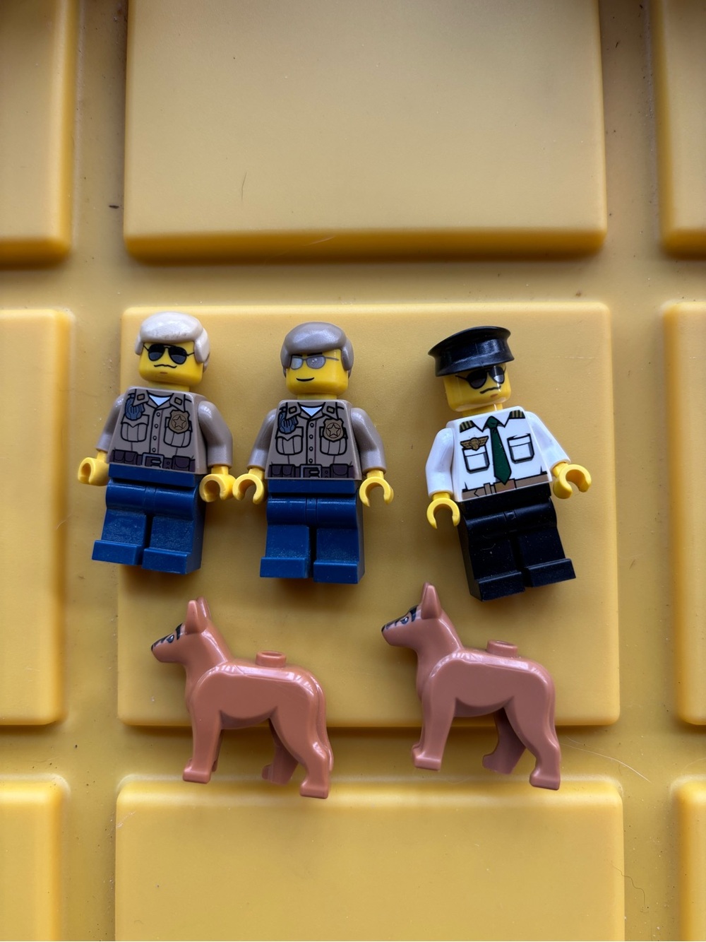 Lego Police Minifigures with Tan Dogs on Yellow